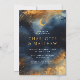 Celestial Abstract Blauw Gouden Maan Bruiloft Kaart