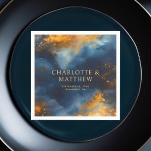 Celestial Abstract Blauw Gouden Namen Bruiloft Servet
