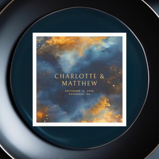 Celestial Abstract Blauw Gouden Namen Bruiloft Servet