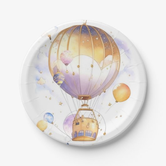 Celestial Adventure: Hete Luchtballon Baby shower Papieren Bordje (Voorkant)