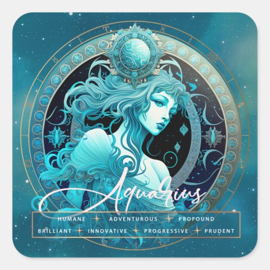 Celestial Aquarius Fantasy Script Etherische Zodia Vierkante Sticker (Voorkant)
