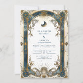 Celestial Art Nouveau Blue Gold Wedding Kaart (Voorkant)