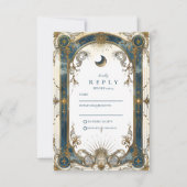 Celestial Art Nouveau Blue Gold Wedding RSVP Kaartje (Voorkant)