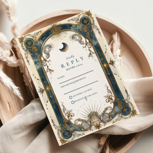 Celestial Art Nouveau Blue Gold Wedding RSVP Kaartje