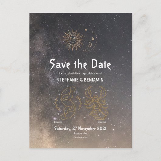 Celestial Astrology Gemini Scorpio Star Sign Gray Aankondigingskaart (Voorkant)