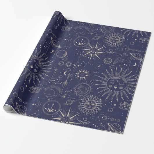 Celestial Astronomy Navy Pattern Cadeaupapier (Uitgerold)