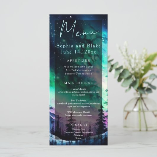 Celestial Aurora Borealis Noorderlicht Bruiloft Menu (Staand voorkant)