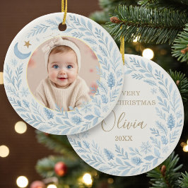 Celestial Baby First  Cute Blue Christmas Photo Keramisch Ornament