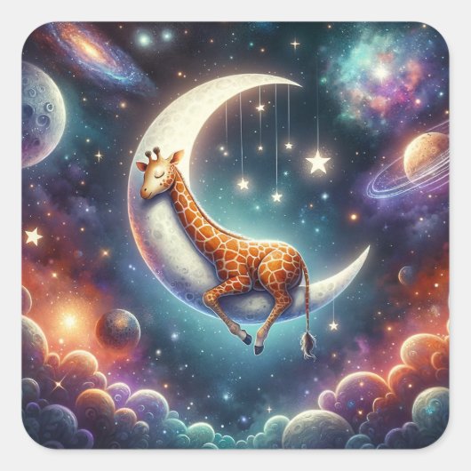 Celestial Baby Giraffe Slapen op Moon & Stars Vierkante Sticker (Voorkant)
