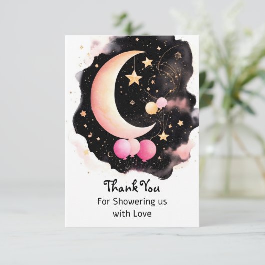 Celestial Baby Meisje Douche: Maan & Sterren Verru Bedankkaart (Staand voorkant)