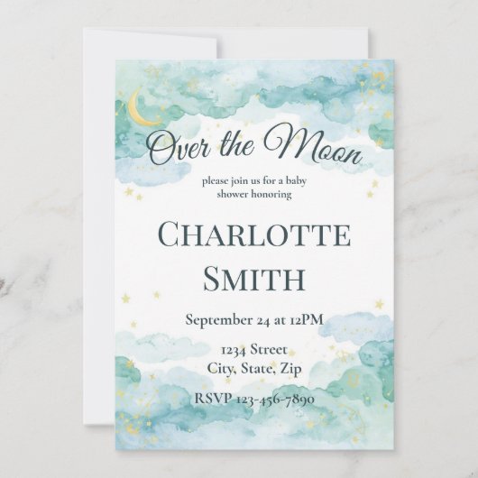 Celestial Baby Shower Invitation | Watercolor Moon Kaart (Voorkant)