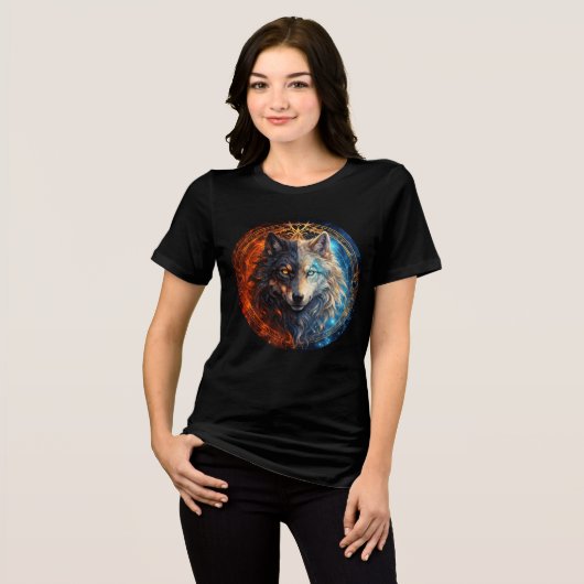 Celestial Balance Wolf – Fire and Ice Tri-Blend Shirt (Voorkant volledig)