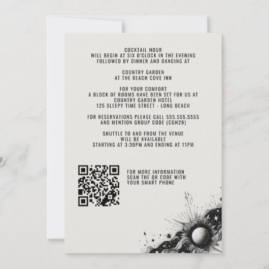 Celestial Band bruiloft uitnodiging met details (Achterkant)