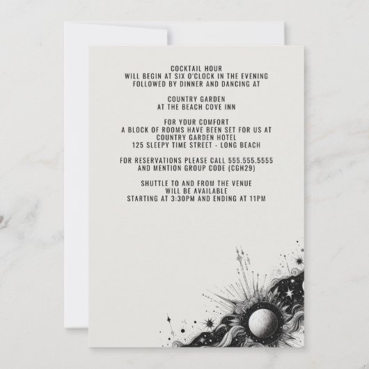 Celestial Band bruiloft uitnodiging met details (Achterkant)