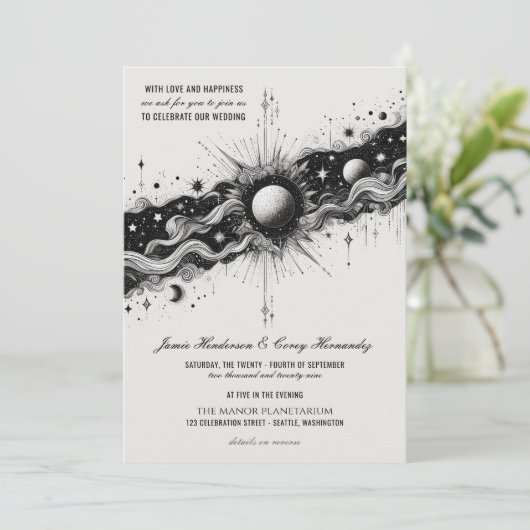 Celestial Band Bruiloft Uitnodiging met QR Code (Staand voorkant)