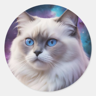 Celestial Birman Cat Portrait Ronde Sticker