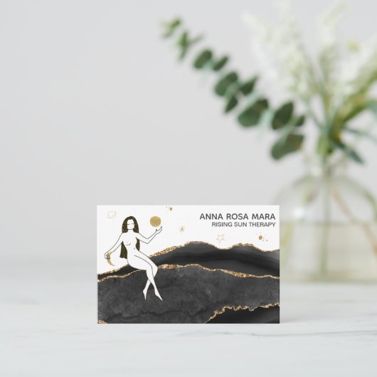 *~* Celestial Black Agate - Gold Glitter Goddess Visitekaartje (Staand voorkant)