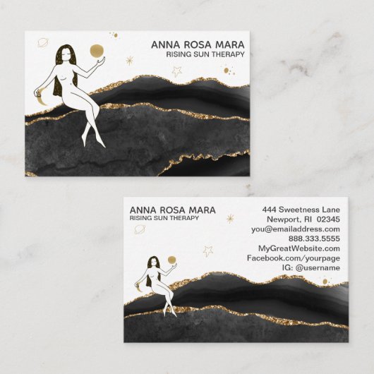 *~* Celestial Black Agate - Gold Glitter Goddess Visitekaartje (Voorkant / Achterkant)