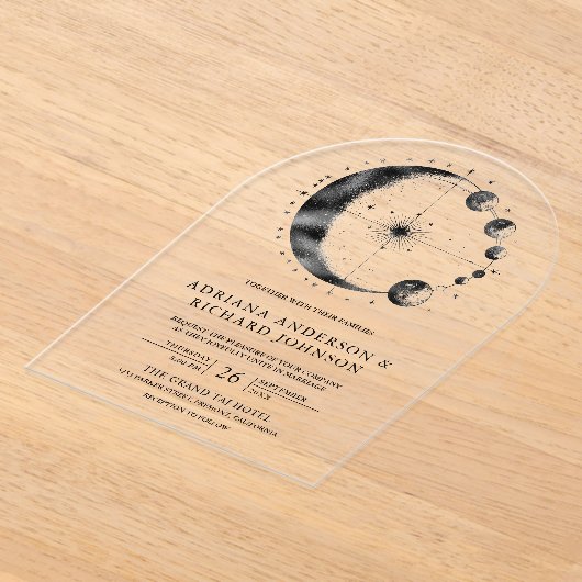 Celestial Black Crescent Moon Phases Wedding Acryl Uitnodigingen (Laagn)