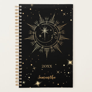 Celestial Black en Faux Gold Moon Sun Naam Jaar Planner