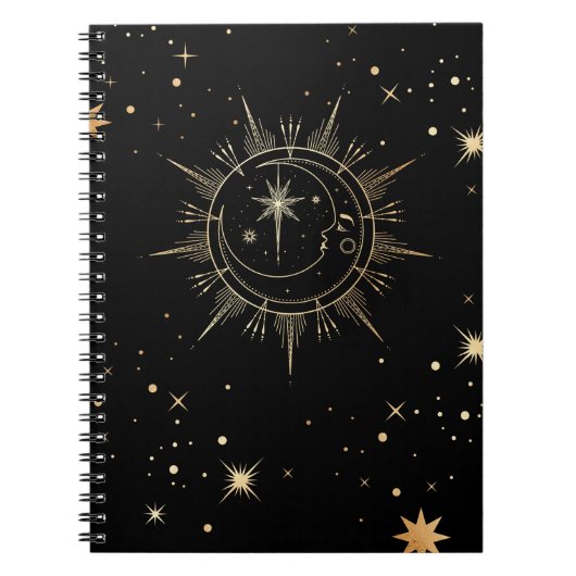 Celestial Black en Faux Gold Moon Sun Stars Notitieboek (Voorkant)