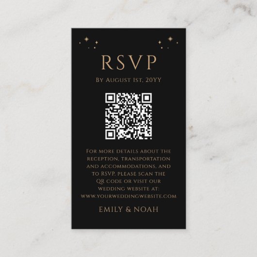 Celestial Black Gold Budget QR Code RSVP Foto Informatiekaartje (Voorkant)