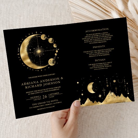 Celestial Black Gold Crescent Moon Phases Wedding