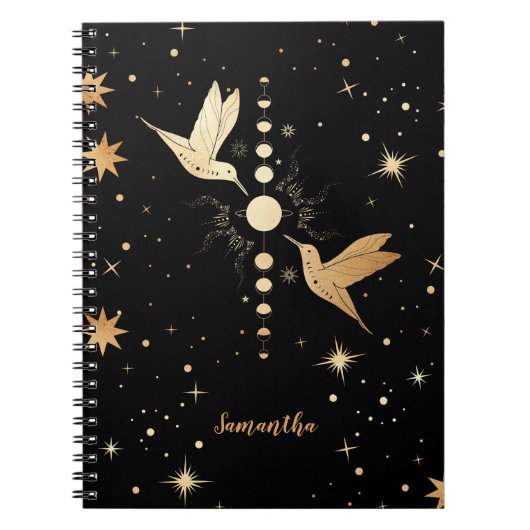 Celestial Black Gold Hummingbird Moon Phases Name Notitieboek (Voorkant)