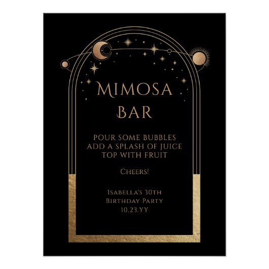 Celestial Black Gold Mimosa Bar Sun Moon Stars Perfect Poster (Voorkant)
