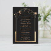 Celestial Black Gold QR Code Quinceañera Kaart (Staand voorkant)