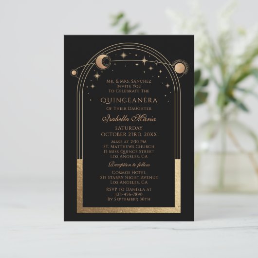 Celestial Black Gold QR Code Quinceañera Kaart (Staand voorkant)