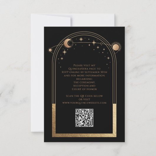 Celestial Black Gold QR Code Quinceañera Kaart (Achterkant)