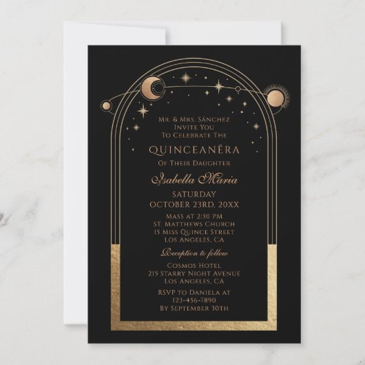 Celestial Black Gold QR Code Quinceañera Kaart (Voorkant)