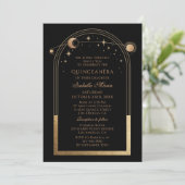 Celestial Black Gold QR Code Quinceañera Kaart (Staand voorkant)