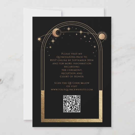 Celestial Black Gold QR Code Quinceañera Kaart (Achterkant)
