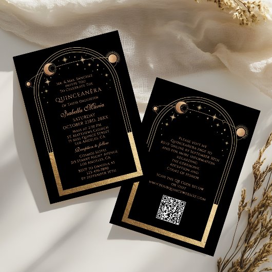 Celestial Black Gold QR Code Quinceañera Kaart