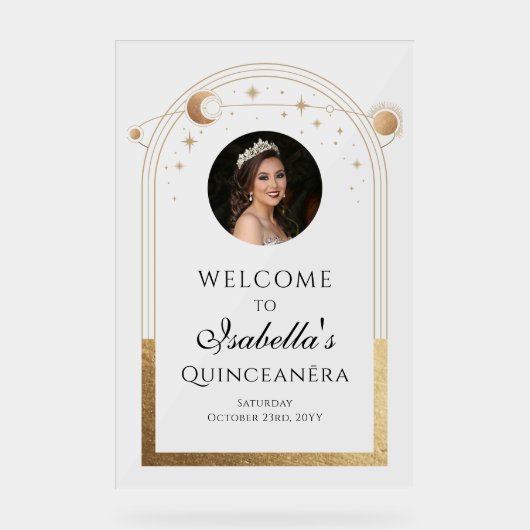 Celestial Black Gold Quinceañera Verjaardag Welkom Acryl Bord (Voorkant)