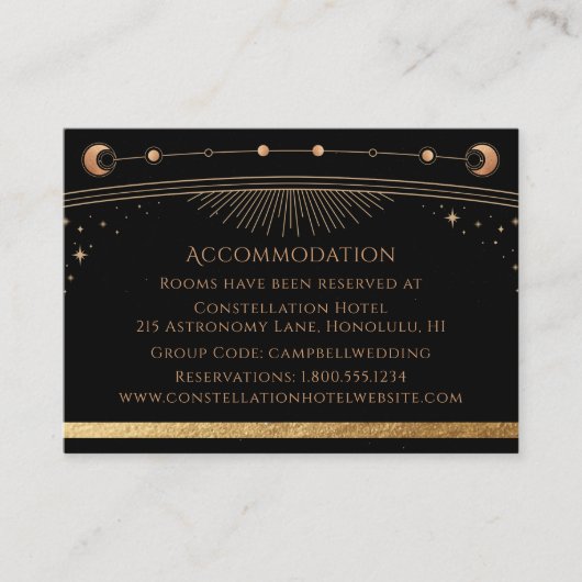 Celestial Black Gold Sun Moon Stars Accommodatie Informatiekaartje (Voorkant)