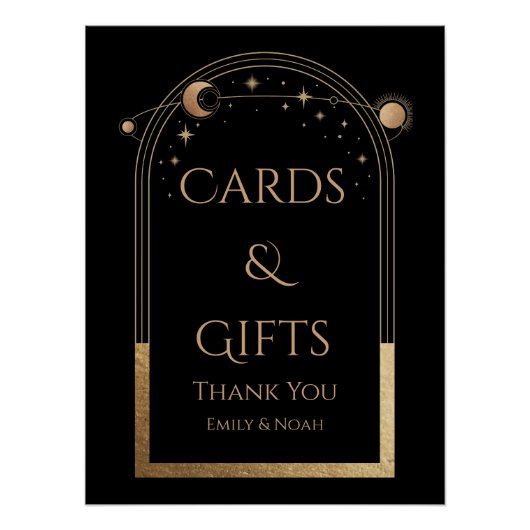 Celestial Black Gold Sun Moon Stars Kaarten en ges Perfect Poster (Voorkant)