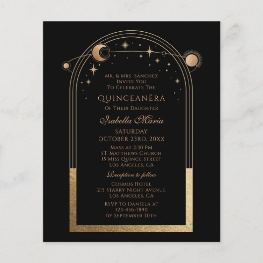 Celestial Black Gold Sun Moon Stars Quinceañera Flyer (Voorkant)