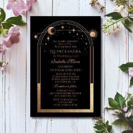 Celestial Black Gold Sun Moon Stars Quinceañera Kaart