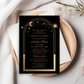 Celestial Black Gold Sun Moon Stars Quinceañera Kaart