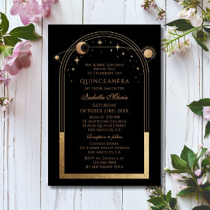 Celestial Black Gold Sun Moon Stars Quinceañera Kaart