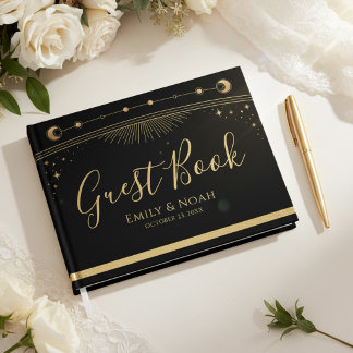 Celestial Black Gold Sun Moon Stars Wedding Gastenboek