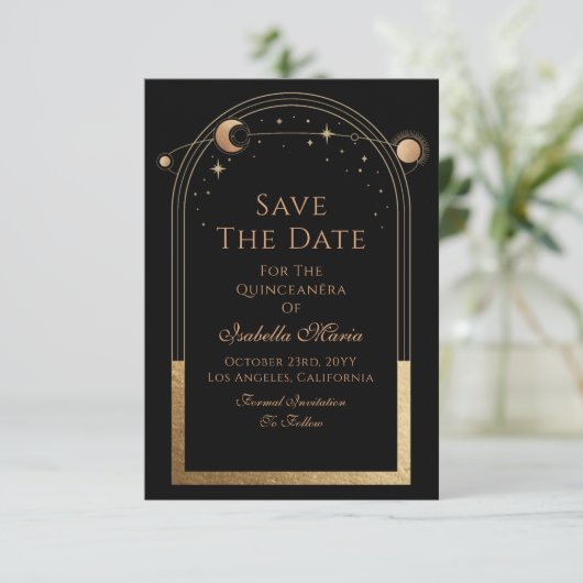 Celestial Black Save The Date Verjaardag Quinceane (Staand voorkant)