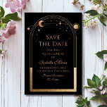 Celestial Black Save The Date Verjaardag Quinceane<br><div class="desc">Celestial Black Save The Date Birthday Quinceanera Invitation is voorzien van een gouden zon,  maan en sterren lijst op een zwarte achtergrond. Binnenin is uw aangepaste Quinceanera opslaan van de datum informatie. Personaliseer door de tekst in de tekstvakken te bewerken. Ontworpen voor u door ©2024 Evco Studio www.zazzle.com/store/evcostudio</div>