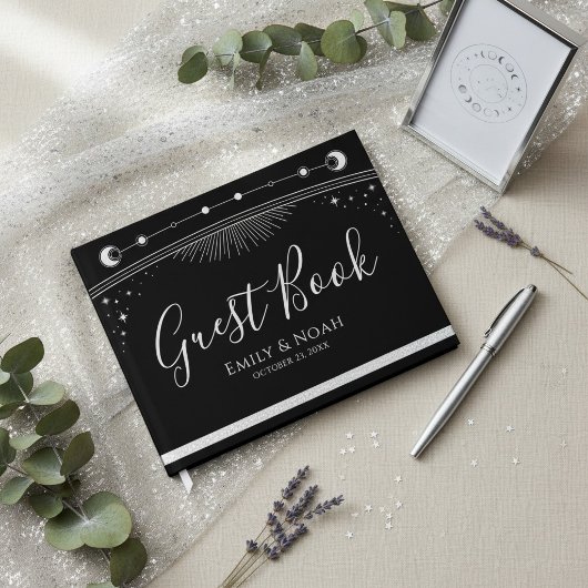 Celestial Black Silver Sun Moon Stars Wedding  Gastenboek