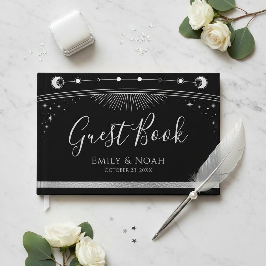 Celestial Black Silver Sun Moon Stars Wedding  Gastenboek