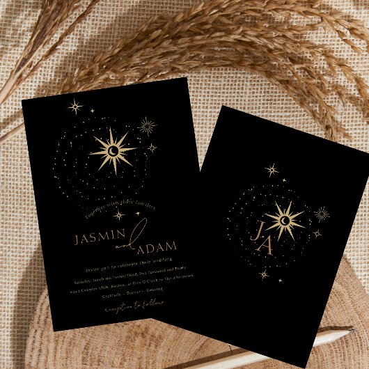 Celestial Black Stars en gouden bruiloft Folie Uitnodiging
