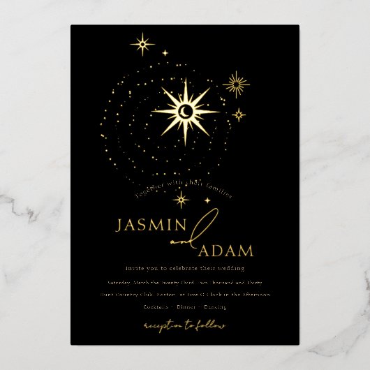 Celestial Black Stars en gouden bruiloft Folie Uitnodiging (Voorkant)